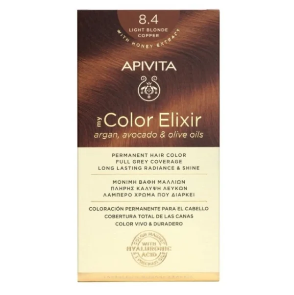 Apivita My Color Elixir Βαφή Μαλλιών 8.4 Ξανθό Ανοιχτό Χάλκινο Εμπλουτισμένη με το καινοτόμο COLOR MAGNET που σταθεροποιεί και σφραγίζει το χρώμα στην τρίχα. Χαρίζει πλήρη κάλυψη των λευκών μαλλιών και εντυπωσιακά λαμπερό χρώμα μεγάλης διάρκειας. Έχει ευχάριστο άρωμα και σύνθεση που σέβεται το τριχωτό της κεφαλής με κρεμώδη υφή που δεν τρέχει, για εύκολη εφαρμογή.