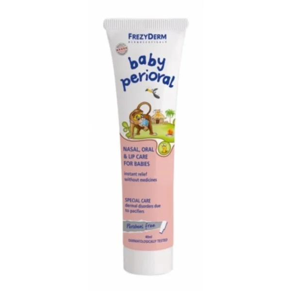 ΕΙΔΙΚΗ ΠΕΡΙΠΟΙΗΣΗ BABY PERIORAL CREAM ΚΥΡΙΑ ΧΑΡΑΚΤΗΡΙΣΤΙΚΑ & ΟΦΕΛΗ FREZYDERM Μαλακτική κρέμα για την περιποίηση της ρινοστοματικής περιοχής των βρεφών. Η εξειδικευμένη σύνθεσή του από πρεβιοτικά και φυτικά συστατικά, ανακουφίζει με φυσικό τρόπο από τους ερεθισμούς και την ξηρότητα γύρω από το στόμα και τη μύτη. Προσφέρει αντιμικροβιακή προστασία από βακτήρια, μύκητες και ιούς και έχει αντιφλεγμονώδη, αντιερεθιστική και αντικνησμώδη δράση. Παράλληλα ενυδατώνει, επουλώνει και μαλακώνει την πάσχουσα περιοχή. Χωρίς φαρμακευτικές ουσίες και συντηρητικά Ασφαλές σε περίπτωση κατάποσης 40ml ΚΑΤΑΛΛΗΛΟ ΓΙΑ: Βρέφη και παιδιά Ερεθισμούς, ερυθρότητα, ξηρότητα, βλατίδες γύρω από το στόμα και τη μύτη, που προκαλούνται από την πιπίλα, το συνάχι και το χαρτομάντιλο Αμυχές και σχισίματα χειλιών που προκαλούνται από τον πυρετό, το κρύο ή τραυματισμό Λευκές πλάκες στα χείλη λόγω στοματίτιδας βρεφών ΧΡΗΣΗ: Απλώνεται με καθαρό δάκτυλο στην πάσχουσα περιοχή τουλάχιστον 2 φορές την ημέρα ή όπως αλλιώς ορίσει ο γιατρός.