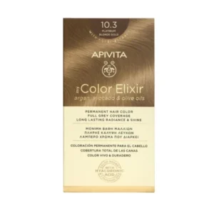 Apivita My Color Elixir Βαφή Μαλλιών 10.3 Κατάξανθο Χρυσό Εμπλουτισμένη με το καινοτόμο COLOR MAGNET που σταθεροποιεί και σφραγίζει το χρώμα στην τρίχα. Χαρίζει πλήρη κάλυψη των λευκών μαλλιών και εντυπωσιακά λαμπερό χρώμα μεγάλης διάρκειας. Έχει ευχάριστο άρωμα και σύνθεση που σέβεται το τριχωτό της κεφαλής με κρεμώδη υφή που δεν τρέχει, για εύκολη εφαρμογή.