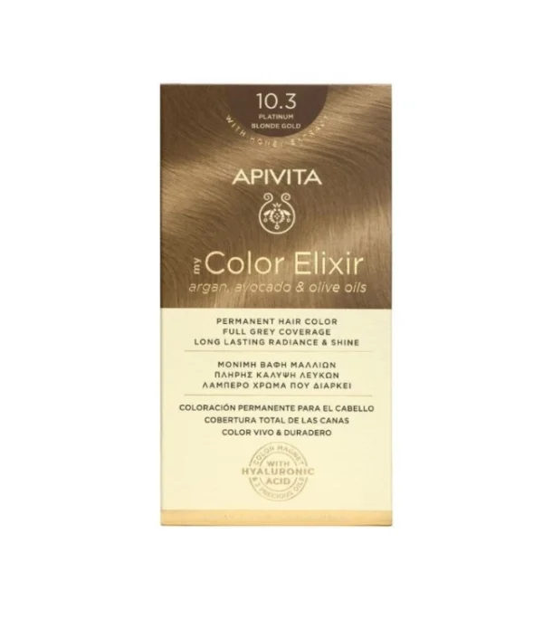 Apivita My Color Elixir Βαφή Μαλλιών 10.3 Κατάξανθο Χρυσό Εμπλουτισμένη με το καινοτόμο COLOR MAGNET που σταθεροποιεί και σφραγίζει το χρώμα στην τρίχα. Χαρίζει πλήρη κάλυψη των λευκών μαλλιών και εντυπωσιακά λαμπερό χρώμα μεγάλης διάρκειας. Έχει ευχάριστο άρωμα και σύνθεση που σέβεται το τριχωτό της κεφαλής με κρεμώδη υφή που δεν τρέχει, για εύκολη εφαρμογή.