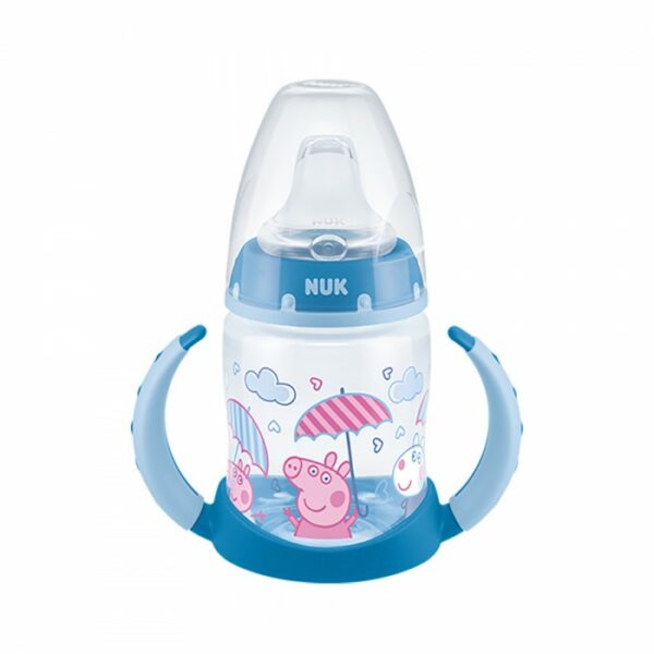 NUK - Peppa Pig First Choice Learner Bottle Μπλε με ρύγχος σιλικόνης 6-18m (10.527.948) | (150 ml) Μπιμπερό εκπαίδευσης με ένδειξη θερμοκρασίας Προστασία από διαρροές, 6-18 μηνών Όταν το μωρό σας περάσει στη νηπιακή ηλικία, το μπιμπερό εκπαίδευσης First Choice της NUK το βοηθά να μεταβεί απρόσκοπτα από τον μητρικό θηλασμό ή το τάισμα με μπιμπερό στην αυτόνομη χρήση του ποτηριού. Το μαλακό ρύγχος First Choice της NUK από σιλικόνη είναι ευχάριστα απαλό και δεν στάζει.