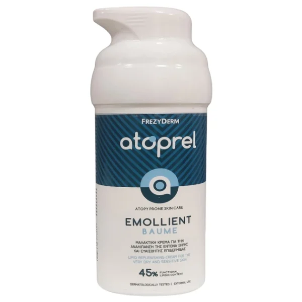 Frezyderm Atoprel Emollient Baume Μαλακτική Κρέμα Ένα βάλσαμο αναλίπανσης και ενυδάτωσης που συστήνεται σε φάσεις έξαρσης και τη χειμερινή περίοδο. Αραιώνει τη συχνότητα εμφάνισης έντονης ξηρότητας και βελτιώνει την τραχύτητα και την αίσθηση τραβήγματος. Αναλίπανση Ενδυνάμωση δερματικού φραγμού Προστασία Φόρμουλα διπλής καινοτομίας: - 45% Λειτουργικό Λιπιδικό Περιεχόμενο (F.L.C.) για την αναλίπανση και βελτίωση του ξηρού με ατοπική προδιάθεση δέρματος - 60% Μη Πτητικό Περιεχόμενο (N.V.C.) για μείωση της διαδερμικής απώλειας υγρασίας Κατάλληλο για: Βρέφη, παιδιά, ενήλικες. Πρόσωπο και σώμα. Δράση | Ενεργά συστατικά PCA: Διέγερση σύνθεσης κεραμιδίων και Ενδυνάμωση δερματικού φραγμού Maltodextrin and Lactobacillus Plantarum: Αποκατάσταση επιδερμικού φραγμού και μικροβιώματος ΧΡΗΣΗ Απλώνεται σε στεγνό και καθαρό δέρμα 2-3 φορές την ημέρα ή σύμφωνα με τις οδηγίες του ιατρού. Συνδυάζεται ιδανικά με την Anticort Ointment ή με το Atoprel Milky Bath Oil ως ενισχυτικές βάσεις του βάλσαμου αναλίπανσης.