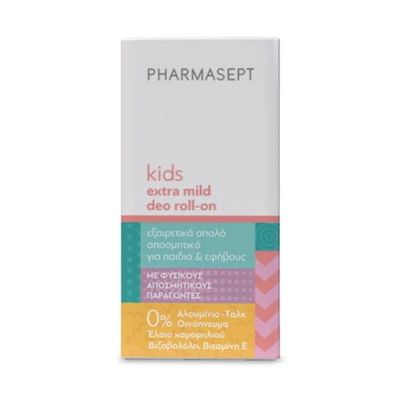 To εξαιρετικά απαλό αποσμητικό Kid Care Deo Roll-On Extra Mild της Pharmasept είναι κατάλληλο για παιδιά και εφήβους. Η σύνθεσή του περιέχει φυσικούς αποσμητικούς παράγοντες, που παρέχουν αποτελεσματική προστασία κατά της κακοσμίας για ώρες.