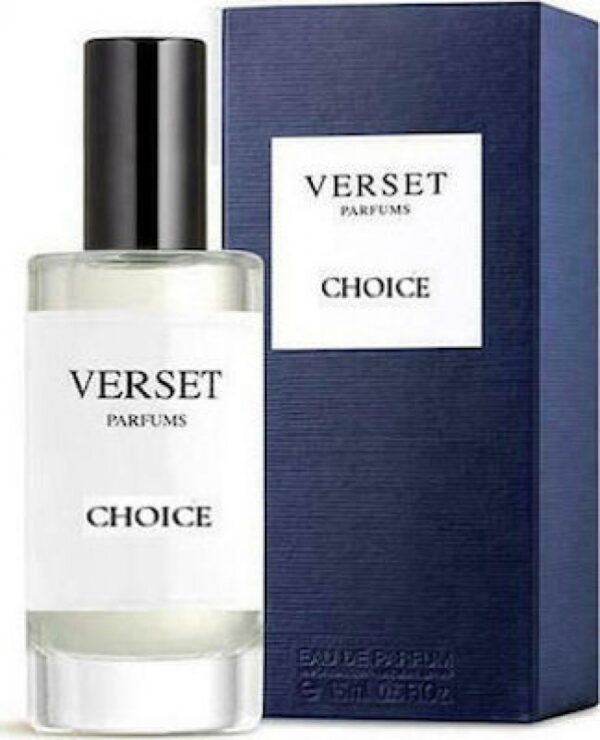 VERSET Parfums Choice For Him Eau de Parfum Ανδρικό Άρωμα, 15ml To Choice είναι ένα φρέσκο βρυώδες άρωμα για έναν περιπετειώδη και αισιόδοξο άνδρα. Ο μοναδικός συνδυασμός από περγαμόντο, νάρδο και πατσουλί δίνουν βάθος και αισθησιασμό σε αυτό το άρωμα. Bρυώδες φρέσκο άρωμα με νότες από: Περγαμόντο, Νάρδο, Πατσουλί. Θυμίζει πολύ το Aventus της Creed.