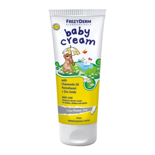 Μια μικρή περιγραφή για την frezyderm baby cream 175ml Πωλείται σε συσκευασία 175ml. Χωρίς άρωμα και parabens Δερματολογικά Ελεγμένο ΚΥΡΙΑ ΧΑΡΑΚΤΗΡΙΣΤΙΚΑ & ΟΦΕΛΗ  Απαλή, προστατευτική και αδιάβροχη κρέμα καθημερινής περιποίησης της μηρογεννητικής περιοχής μετά την αλλαγή της πάνας. Δημιουργεί φραγμό προστασίας και απομονώνει το δέρμα από την υγρασία, και τις ερεθιστικές εκκρίσεις, επουλώνει τις αμυχές και δεν επιτρέπει την ανάπτυξη μικροβίων καθώς προστατεύει από το παράτριμμα. Η σύνθεση της είναι ειδικά μελετημένη για τα βρέφη και περιέχει χαμηλό ποσοστό οξειδίου του ψευδαργύρου, που μειώνει τους ερεθισμούς και το σύγκαμα, επιτρέποντας στο δερματάκι του φυσιολογική λειτουργία αναπνοής. Έχει λεπτόρρευστη υφή που απλώνεται εύκολα δημιουργώντας ένα λεπτό φιλμ προστασίας χωρίς να επιβαρύνει την επιδερμίδα και αφαιρείται εύκολα χωρίς να προκαλεί ερεθισμό. Εμπλουτισμένη σε χαμομηλέλαιο που έχει άριστες καταπραϋντικές και αντιφλογιστικές ιδιότητες και πανθενόλη για ανάπλαση και επούλωση της επιδερμίδας. 