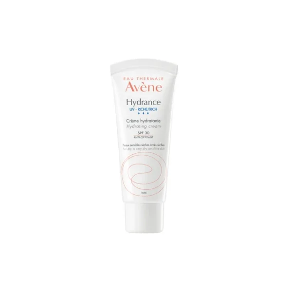 Avène Hydrance UV Riche Ενυδατική Κρέμα SPF30 για Ξηρό & Πολύ Ξηρό - Αφυδατωμένο Δέρμα Η Hydrance UV Kρέμα SPF30 ενδείκνυται για το ευαίσθητο ξηρό και πολύ ξηρό δέρμα. Τα φωτοπροστατευτικά συστατικά (SPF 30) μαζί με ενυδατικούς παράγοντες που περιέχει προστατεύουν το δέρμα απο την φωτογήρανση, το ενυδατώνουν και βελτιστοποιούν τη διείσδυση του Ιαματικού Νερού της Avène στο δέρμα ελέγχοντας την απώλεια νερού. Αποτελεσματικότητα: Μέρα με τη μέρα, το δέρμα είναι ορατά : Καταπραϋμένο : 92%² Προστατευμένο : 98%² Πιο λαμπερό : 91%² ¹Κινητική HI, 22 άτομα, μία εφαρμογή. ²Η ικανοποίηση αξιολογήθηκε σε 82 άτομα, με μία εφαρμογή ανά ημέρα για 21 ημέρες. ΧΡΗΣΗ Καθημερινά. Εφαρμόστε μία μικρή ποσότητα της Hydrance UV RICHE στις άκρες των δακτύλων σας, εφαρμόστε ταμποναριστά σε πρόσωπο και λαιμό και απλώστε το με τις άκρες των δακτύλων σας. ΣΥΣΤΑΤΙΚΑ Avene Thermal Spring Water (Avene Aqua), C12-15 Alkyl Benzoate, Dicaprylyl Carbonate, Diisopropyl Adipate, Glycerin, Methylene Bis-Benzotriazolyl Tetramethylbutylphenol [Nano], Water (Aqua), Bis-Ethylhexyloxyphenol Methoxyphenyl Triazine, Diethylhexyl Butamido Triazone, Polymethyl Methacrylate, Butyl Methoxydibenzoylmethane, Butyrospermum Parkii (Shea) Butter (Butyrospermum Parkii Butter), Methyl Gluceth-20, Isocetyl Stearoyl Stearate, Triethylhexanoin, Hydrogenated Starch Hydrolysate, C10-18 Triglycerides, Glyceryl Stearate, Peg-100 Stearate, Potassium Cetyl Phosphate, Benzoic Acid, Caprylic/Capric Triglyceride, Caprylyl Glycol, Decyl Glucoside, Disodium Edta, Fragrance (Parfum), Glyceryl Behenate, Glyceryl Dibehenate, Phytosterols, Polyacrylate-13, Polyisobutene, Polysorbate 20, Propylene Glycol, Sorbitan Isostearate, Stearyl Alcohol, Tocopherol, Tocopheryl Glucoside, Tribehenin, Xanthan Gum