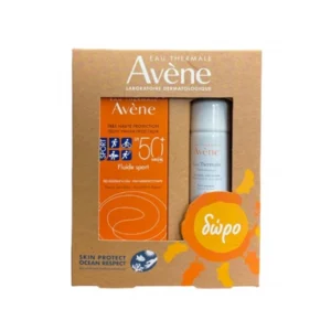 Το καλοκαιρινό αντηλιακό Set από την Avene περιλαμβάνει: Avene Fluid Sport SPF50+ Tres Haute Protection 100ml: Αντηλιακή λεπτόρευστη κρέμα για πολύ υψηλή αντηλιακή προστασία του ευαίσθητου κανονικού και μεικτού δέρματος του προσώπου και του σώματος. Eξασφαλίζει βέλτιστη προστασία από τις ακτίνες UVA και UVB χάρη στον αποκλειστικό συνδυασμό των δραστικών συστατικών της Sunsitive protection. Iδανικό για τους αθλητικούς τύπους που αναζητούν ελαφριά, αναζωογονητική αντηλιακή φροντίδα. Έχει εξαιρετικά λεπτόρρευστη, ελαφριά υφή και είναι πολύ ανθεκτικό στο νερό & στον ιδρώτα. Eίναι ιδανικό για το ευαίσθητο δέρμα όσων κάνουν κάποιο άθλημα, ακόμη και για τις πιο έντονες δραστηριότητες. Eau Thermale Spray 50ml: Ιαματικό, καταπραϋντικό, αντιερεθιστικό Νερό της Avene κατάλληλο για ευαίσθητο, υπερευαίσθητο, αλλεργικό και ερεθισμένο δέρμα για όλη την οικογένεια.