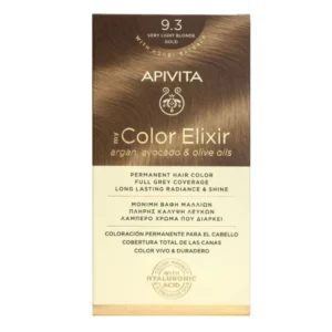 Apivita My Color Elixir Βαφή Μαλλιών 9.3 Ξανθό Πολύ Ανοιχτό Χρυσό Εμπλουτισμένη με το καινοτόμο COLOR MAGNET που σταθεροποιεί και σφραγίζει το χρώμα στην τρίχα. Χαρίζει πλήρη κάλυψη των λευκών μαλλιών και εντυπωσιακά λαμπερό χρώμα μεγάλης διάρκειας. Έχει ευχάριστο άρωμα και σύνθεση που σέβεται το τριχωτό της κεφαλής με κρεμώδη υφή που δεν τρέχει, για εύκολη εφαρμογή.