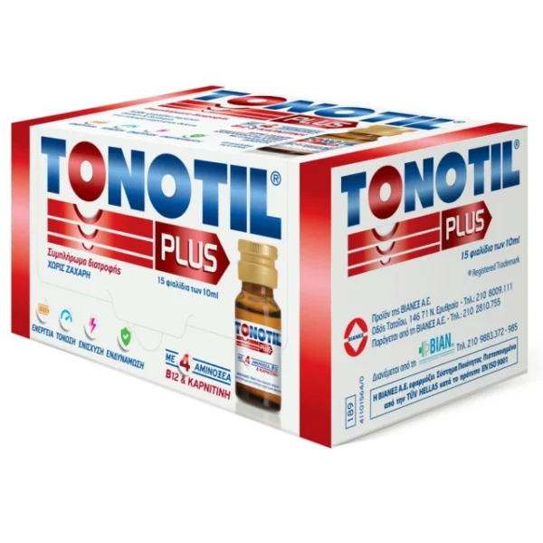 Tonotil Plus Συμπλήρωμα Διατροφής με 4 Αμινοξέα B12 & Καρνιτίνη 15 vials x 10ml Τόνωση - Συγκέντρωση - Ανάρρωση - Ενέργεια - Ενίσχυση - Ενδυνάμωση Οι συνεχώς αυξανόμενες απαιτήσεις της καθημερινότητας σε συνδυασμό με τη μη ισορροπημένη διατροφή, μπορεί να οδηγήσουν σε αίσθημα σωματικής και νοητικής κόπωσης. Η σειρά προϊόντων TONOTIL® καλύπτει πλήρως τις ανάγκες για τόνωση και ενέργεια. Το TONOTIL® περιέχει μία μοναδική σύνθεση αμινοξέων & βιταμίνης B12, τα οποία αντιμετωπίζουν αποτελεσματικά το αίσθημα κόπωσης & αδυναμίας. Το TONOTIL® PLUS περιέχει ένα επιπλέον ενεργό συστατικό, την L – Καρνιτίνη, η οποία συμμετέχει στην παραγωγή περισσότερης ενέργειας στον οργανισμό. Αμινοξέα, απαραίτητα για μικρούς & μεγάλους Αποτελούν βασικά συστατικά για την εύρυθμη λειτουργία του οργανισμού. Η L – Φωσφοθρεονίνη είναι απαραίτητο αμινοξύ & χρειάζεται να το λαμβάνουμε μέσω της διατροφής, καθώς ο οργανισμός δεν μπορεί να το συνθέσει. Σε περιόδους ανάπτυξης, ανάρρωσης ή άγχο