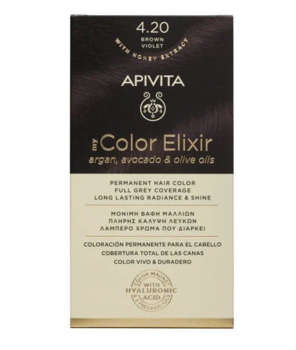 MY COLOR ELIXIR ΜΕ 34 ΝΕΕΣ ΑΠΟΧΡΩΣΕΙΣ Η μόνιμη βαφή μαλλιών My Color Elixir της APIVITA είναι ειδικά σχεδιασμένη με γνώμονα τη φυσικότητα, το επαγγελματικό αποτέλεσμα και με απόλυτο σεβασμό στο τριχωτό. ΚΑΙΝΟΤΟΜΙΑ COLOR MAGNET Ένα καινοτόμο σύστημα που σταθεροποιεί και σφραγίζει το χρώμα στην τρίχα. ΑΠΟΤΕΛΕΣΜΑ, Η ΤΡΙΧΑ ΚΡΑΤΑ ΣΑ ΜΑΓΝΗΤΗΣ ΤΟ ΧΡΩΜΑ Πώς λειτουργεί: Εξασφαλίστε τη μέγιστη ένταση και διάρκεια στο χρώμα των μαλλιών σας σε 2 βήματα: Βήμα 1ο: Αποκτήστε τέλεια κάλυψη των λευκών και λάμψη σε μόλις 30 λεπτά χάρη στην κρέμα βαφής με 3 πολύτιμα έλαια (argan, αβοκάντο, και ελιάς ) που δρουν συνδυαστικά για να σταθεροποιήσουν το χρώμα και να επανορθώσουν τη δομή της τρίχας κατά τη διάρκεια της διαδικασίας βαφής των μαλλιών. Βήμα 2ο: Ενισχύστε την ένταση και τη λάμψη εφαρμόζοντας την κρέμα περιποίησης για μετά τη βαφή με υαλουρονικό οξύ και εκχύλισμα μελιού που ενυδατώνει τα μαλλιά, δημιουργώντας ένα φιλμ προστασίας που σφραγίζει το χρώμα στην τρίχα και αναδεικνύει τη λάμψη των βαμμένων μαλλιών. Εφαρμόστε ξανά μετά από 15 μέρες. Η βαφή My Color Elixir δεν περιέχει τις κυριότερες "ανεπιθύμητες" ουσίες: PPD (para-phenylenediamine): βασική χρωμοφόρα ομάδα σε προϊόντα βαφής που αποτελεί και την κυριότερη αλλεργιογόνο ουσία σε βαφές μαλλιών. Αμμωνία: αλκαλικό μέσο που χρησιμοποιείται για να ανοίξουν τα λέπια του περιτριχίου και να εισχωρήσει η βαφή και έχει δυσάρεστη και βαριά μυρωδιά. Οινόπνευμα: μπορεί να ερεθίσει το τριχωτό της κεφαλής και να αφυδατώσει την τρίχα Resorcinol, Parabens, Propylene Glycol, SLS, Mineral oil, Silicones, 26 ταυτοποιημένα αλλεργιογόνα των αρωμάτων: ουσίες που συχνά ενοχοποιούνται για αλλεργίες, ερεθισμούς και άλλες ανεπιθύμητες δράσεις. Η Συσκευασία περιλάμβάνει Κρέμα βαφή σε σωληνάριο, 50ml Γαλάκτωμα ενεργοποίησης χρώματος σε φιαλίδιο με απλικατέρ, 75ml Κρέμα μαλλιών για μετά τη βαφή σε 2 φακελάκια, 15ml Ένα ζευγάρι γάντια Οδηγίες χρήσης ΧΡΗΣΗ Προετοιμασία 1. Αφαιρέστε τα κοσμήματα σας 3. Xωρίστε τα μαλλιά σας σε 4 μέρη ώστε να διευκολυνθείτε κατά την εφαρμογή της βαφής 2. Προστατέψτε τα ρούχα σας με μία πετσέτα 4. Απλώστε μικρή ποσότητα ελαίου στο στεφάνι ώστε να μην βάψετε την επιδερμίδα στη συγκεκριμένη περιοχή TIPS 1. Για καλύτερα αποτελέσματα εξασφαλίστε ότι η θερμοκρασία δωματίου κατά τη διάρκεια εφαρμογής δεν είναι χαμηλότερη από 20◦ C 2. Για μεγαλύτερη διάρκεια στο χρώμα μην ξαναλούσετε τα μαλλιά νωρίτερα από 24ώρες 3. Πραγματοποιήστε το τεστ ευαισθησίας 48 ώρες πριν την εφαρμογή το προϊόντος ώστε να ελέγξετε την ατομική σας ανοχή στη βαφή. ΕΝΕΡΓΑ ΣΥΣΤΑΤΙΚΑ ΈΛΑΙΟ ΆΡΓΚΑΝ Θρέψη & Επανόρθωση Το έλαιο argan είναι ιδιαίτερα πλούσιο σε θρεπτικά συστατικά και βιταμίνες που ενισχύουν τη δομή της τρίχας, επανορθώνουν τις φθορές και αυξάνουν την ανθεκτικότητά της. Το έλαιο argan περιποιείται σε βάθος τα μαλλιά χαρίζοντάς τους μοναδική απαλότητα και λάμψη. ΒΙΟΛΟΓΙΚΟ ΕΛΑΙΟ ΕΛΙΑΣ Θρέψη & Αναζωογόνηση Παραδοσιακά χρησιμοποιείται για να θρέψει, να τονώσει και να αναζωογονήσει το δέρμα και τα μαλλιά, ενώ προστατεύει από το σπάσιμο και την ψαλίδα. ΥΑΛΟΥΡΟΝΙΚΟ ΟΞΥ Εντατική Ενυδάτωση Φυσικό συστατικό του δέρματος και των μαλλιών, συμβάλει στην ενυδάτωση και την αντοχή τους. Προσφέρει εντατική ενυδάτωση, δρώντας ως μαγνήτης που μπορεί να προσελκύει και να συγκρατήσει έως και 1000 φορές το βάρος του σε υγρασία. Αφήνει το δέρμα και τα μαλλιά λαμπερά, μαλακά, ελαστικά και υγιή. ΑΒΟΚΑΝΤΟ Θρέψη & Επανόρθωση Το λάδι αβοκάντο έχει ευεργετικές ιδιότητες για τα μαλλιά λόγω της περιεκτικότητάς του σε μονοακόρεστα λιπαρά, πρωτεΐνες, χαλκό, φολικό οξύ, μαγνήσιο και μέταλλα που ενισχύουν τα δομικά στοιχεία των μαλλιών, ενώ βοηθάει να επανέλθει η τρίχα στην αρχική της μορφή μετά την διαδικασία της βαφής. Η σύνθεση του εμπεριέχει επίσης σύμπλεγμα βιταμινών Ε και Β. ΒΙΟΛΟΓΙΚΟ ΕΚΧΥΛΙΣΜΑ ΜΕΛΙΟΥ Ενυδάτωση & Απαλότητα Το μέλι είναι εξαιρετικά πλούσιο σε σάκχαρα και βιταμίνες και είναι γνωστό για την ενυδατική δράση που προσφέρει τόσο στο μήκος των μαλλιών όσο και στο τριχωτό της κεφαλής. Τα ενυδατωμένα μαλλιά είναι πιο απαλά, πιο υγιή και αναδεικνύουν με μοναδικό τρόπο το χρώμα τους. PPD Το PPD (Para-phenylenediamine) είναι η κυριότερη χρωμοφόρα βάση που χρησιμοποιείται στις βαφές μαλλιών και αποτελεί τη Νο 1 αιτία αλλεργιών και ανεπιθύμητων δράσεων.