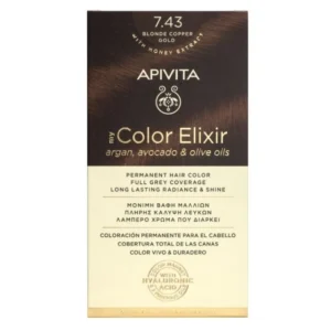 Apivita My Color Elixir Βαφή Μαλλιών 7.43 Ξανθό Χάλκινο Μελί Εμπλουτισμένη με το καινοτόμο COLOR MAGNET που σταθεροποιεί και σφραγίζει το χρώμα στην τρίχα. Χαρίζει πλήρη κάλυψη των λευκών μαλλιών και εντυπωσιακά λαμπερό χρώμα μεγάλης διάρκειας. Έχει ευχάριστο άρωμα και σύνθεση που σέβεται το τριχωτό της κεφαλής με κρεμώδη υφή που δεν τρέχει, για εύκολη εφαρμογή.