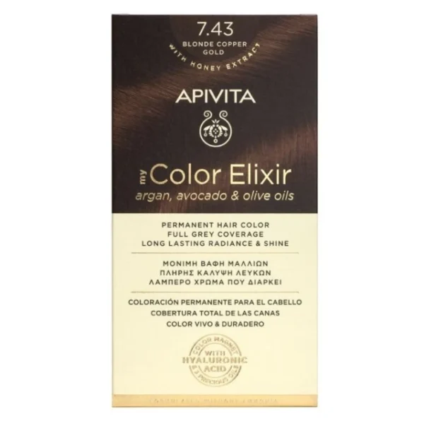 Apivita My Color Elixir Βαφή Μαλλιών 7.43 Ξανθό Χάλκινο Μελί Εμπλουτισμένη με το καινοτόμο COLOR MAGNET που σταθεροποιεί και σφραγίζει το χρώμα στην τρίχα. Χαρίζει πλήρη κάλυψη των λευκών μαλλιών και εντυπωσιακά λαμπερό χρώμα μεγάλης διάρκειας. Έχει ευχάριστο άρωμα και σύνθεση που σέβεται το τριχωτό της κεφαλής με κρεμώδη υφή που δεν τρέχει, για εύκολη εφαρμογή.