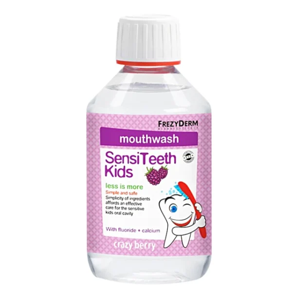 ΣΤΟΜΑΤΙΚΗ ΥΓΙΕΙΝΗ SENSITEETH KIDS MOUTHWASH ΚΥΡΙΑ ΧΑΡΑΚΤΗΡΙΣΤΙΚΑ & ΟΦΕΛΗ FREZYDERM Στοματικό διάλυμα κατά της τερηδόνας, για παιδιά από 3 ετών με Φθόριο 100ppm και Ασβέστιο. Προστατεύει από την τερηδόνα, τα μικρόβια και τους ερεθισμούς των ούλων, ενισχύει το σμάλτο των δοντιών, εξασφαλίζει γερά δόντια χωρίς σφραγίσματα, και είναι ασφαλές για το στοματικό βλενογόννο. Με υπέροχη γεύση βατόμουρο. Δεν περιέχει αλκοόλη, χρώμα, σάκχαρη, σακχαρίνη Κλινικά Ελεγμένο 250ml ΚΑΤΑΛΛΗΛΟ ΓΙΑ: Καθημερινή χρήση Παιδιά με κοιλιοκάκη (χωρίς γλουτένη) Ομοιοπαθητικές αγωγές ΧΡΗΣΗ: Μετά το βούρτσισμα ακολουθεί στοματόπλυση με την κατάλληλη ποσότητα: 3+ ετών: μισό καπάκι 6+ ετών: ένα καπάκι Να αποφεύγεται η κατάποση.