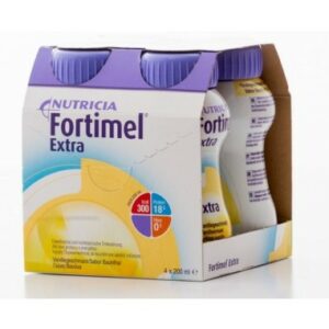 Nutricia Fortimel Extra Πόσιμο θρεπτικό σκεύασμα σε υγρή μορφή υψηλής περιεκτικότητας σε πρωτεΐνη και υψηλή ενέργεια. Λίπος : 3.8 g/100ml Φυτικές ίνες : 2 g/100ml Περιέχει βιταμίνες, μέταλλα, ιχνοστοιχεία και καροτενοειδή Χορηγείται υπό ιατρική επίβλεψη. Συνιστώμενη δόση: 1-3 συσκευασίες 200ml την ημέρα για συμπληρωματική διατροφή ή ακολούθως ιατρικής υπόδειξης. 5 - 7 συσκευασίες 200ml για αποκλειστική πηγή διατροφής. Χρησιμοποιείται με επιφύλαξη σε ασθενείς από 3 -6 ετών. Ακατάλληλο για ασθενείς κάτω των 3 ετών. Ακατάλληλο για ασθενείς με φρουκτοζαιμία. Συσκευάζεται σε πλαστική φιάλη των 200ml. Γεύσεις: Φράουλα, Βανίλια, Σοκολάτα, Καφές.