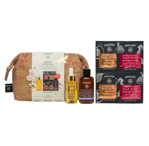 FESTIVE ESSENTIALS KIT ΕΝΙΣΧΥΣΗΣ ΕΝΥΔΑΤΩΣΗΣ & ΛΑΜΨΗΣ: BEESSENTIAL OILS Έλαιο Προσώπου Ημέρας Συμπλήρωμα Ενδυνάμωσης & Ενυδάτωσης, ΔΩΡΟ Αφρός Καθαρισμού για Πρόσωπο & Μάτια, ΔΩΡΟ Scrub Προσώπου Βερύκοκο & ΔΩΡΟ Μάσκα Προσώπου Ρόδι. Ένα μοναδικό σετ δώρου για εσάς και τα αγαπημένα σας πρόσωπα σε ένα γιορτινό, eco-friendly και κομψό νεσεσέρ. Ένα ολοκληρωμένο σετ περιποίησης για το πρόσωπο, που περιέχει το BEESSENTIAL OILS Έλαιο Προσώπου Ημέρας Συμπλήρωμα Ενδυνάμωσης & Ενυδάτωσης, Αφρός Καθαρισμού για Πρόσωπο & Μάτια, Scrub Προσώπου Βερύκοκο και Μάσκα Προσώπου Ρόδι για ένα τελετουργικό ενυδάτωσης και λάμψης. Το set περιλαμβάνει: BEESSENTIAL OILS Έλαιο Προσώπου Ημέρας Συμπλήρωμα Ενδυνάμωσης & Ενυδάτωσης με Πρόπολη και Αιθέρια Έλαια Εσπεριδοειδών (15ml): Ενδυναμώνει τον επιδερμικό φραγμό & ενισχύει την κυτταρική ανανέωση, ενυδατώνει την επιδερμίδα σε βάθος, ενώ προσφέρει μια «ένεση» αναζωογόνησης στο δέρμα & στις αισθήσεις. Αφρός Καθαρισμού για Πρόσωπο & Μάτια με Ελιά, Λεβάντα & Πρόπολη (75ml): Aπομακρύνει το μακιγιάζ και τους ρύπους, καταπραΰνει και χαρίζει αντιοξειδωτική προστασία, ενώ παράλληλα προσφέρει έξτρα anti-pollution δράση. Express Beauty Scrub Προσώπου Βερύκοκο για Ήπια Απολέπιση (2x8ml): Απομακρύνει τα νεκρά κύτταρα, λειαίνει τις ατέλειες και αναζωογονεί την όψη της επιδερμίδας. Express Beauty Μάσκα Προσώπου Ρόδι για Λάμψη & Αναζωογόνηση (2x8ml): Ενυδατώνει και τονώνει, παρέχει αντιοξειδωτική προστασία και αποκαλύπτει μια λαμπερή επιδερμίδα. Η APIVITA υποστηρίζει τις δράσεις για ένα πιο πράσινο και βιώσιμο μέλλον. Αυτό το νεσεσέρ είναι φιλικό προς το περιβάλλον και έχει κατασκευαστεί από χαρτί που προέρχεται από βιώσιμες πηγές. Το ύφασμα της φόδρας είναι από 100% ανακυκλωμένα πλαστικά μπουκάλια. Επιπλέον, το χαρτί στο εσωτερικό του νεσεσέρ και το μανίκι φέρουν FSC πιστοποίηση.