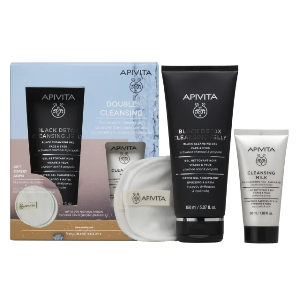 Apivita Double Cleansing Black Detox Μαύρο Gel Καθαρισμού 150ml & ΔΩΡΟ Γαλάκτωμα Καθαρισμού 3 Σε 1 50ml & Επαναχρησιμοποιούμενοι Δίσκοι Ντεμακιγιάζ 2τμχ.
